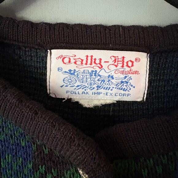 Vintage TALLY HO Women's Med Green Blue Plaid Tartan Wool Blend Cardigan Preppy - Picture 4 of 11
